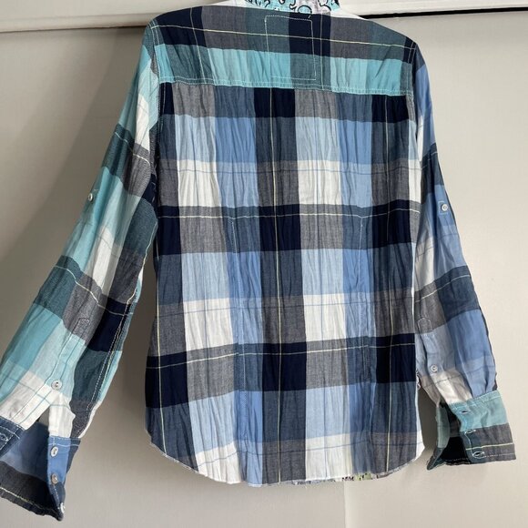 Cino SUNDANCE Floral Plaid Mixed Print Button Down Top Size S Blue Cotton - Picture 12 of 16